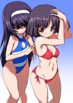  2girls angry bangs bikini black_hair blue_background blue_swimsuit blunt_bangs blush bob_cut breasts brown_eyes cleavage cleavage_cutout closed_mouth clothing_cutout commentary_request covered_navel dressing_another eyebrows_visible_through_hair frown gemu555 girls_und_panzer glaring gradient gradient_background grimace hairband halterneck hands_on_own_head highleg highleg_swimsuit long_hair looking_at_another looking_back multiple_girls navel one-piece_swimsuit red_bikini reizei_mako short_hair side-tie_bikini small_breasts sono_midoriko standing string_bikini swimsuit thigh_gap tying untied untied_bikini white_hairband 