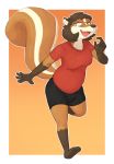  2020 5_fingers anthro barefoot bottomwear breasts brown_hair brown_nose clothing eyewear female fingers glasses hair looking_aside mammal mephitid on_one_leg open_mouth shirt shorts simple_background skunk smile solo standing subakitsu topwear 