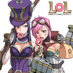  2girls bag belt blue-eyes_white_dragon blue_eyes breasts brown_belt brown_gloves caitlyn_(league_of_legends) character_name choker cleavage closed_mouth copyright_name doughnut earrings facial_mark feeding fingerless_gloves fingernails food food_in_mouth frilled_neckwear frills gears gem gloves goggles goggles_on_head gun hat highres holding holding_bag holding_gun holding_weapon jewelry league_of_legends long_hair looking_at_another multiple_girls nose_piercing open_mouth over_shoulder paper_bag piercing pink_hair purple_choker purple_eyes purple_hair purple_headwear purple_nails rifle shirai_keita short_hair simple_background teeth tongue top_hat vi_(league_of_legends) weapon weapon_over_shoulder white_background 