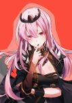  1girl black_cape black_nails breasts cape cleavage finger_to_mouth fromchawen hololive hololive_english holomyth large_breasts long_hair looking_at_viewer mori_calliope pink_hair red_background red_eyes shoulder_spikes smile solo spikes tiara upper_body veil virtual_youtuber 
