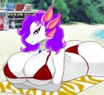  anthro arms_under_breasts beach big_breasts big_butt bikini blue_eyes breast_squish breasts butt capcom clothing councilorvaykek female hair hi_res huge_breasts leviathan_(mh) looking_at_viewer lying mature_female miia_(councilorvaykek) mizutsune monster_hunter nipple_outline on_front pendant purple_hair scalie seaside solo squish swimwear thick_thighs video_games yellow_nose 