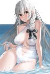  1girl arm_support azur_lane bangs black_bow blush bow braid breasts center_opening cleavage commission criss-cross_halter day eyebrows_visible_through_hair hair_between_eyes hair_bow halterneck hermione_(azur_lane) hermione_(pure_white_holiday)_(azur_lane) highres large_breasts long_hair looking_at_viewer navel ocean one-piece_swimsuit ootani_nonno outdoors sitting smile solo swimsuit very_long_hair water white_hair white_swimsuit yellow_eyes yokozuwari 