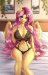  2020 absurd_res anthro anxiety-chan bra clothing cutie_mark digital_media_(artwork) equid equine eyebrows eyelashes feathered_wings feathers female fingers fluttershy_(mlp) friendship_is_magic front_view hasbro hi_res inside mammal my_little_pony navel pegasus solo text underwear url wings 