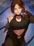  1girl belt black_sports_bra bodysuit breasts brown_gloves cleavage collar commentary_request earrings gloves green_bodysuit hand_in_hair holding holding_whip jewelry large_breasts marchab_66 military navel off_shoulder open_bodysuit short_hair solo sports_bra stomach the_king_of_fighters toned whip whip_(kof) 