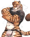  abs anthro black_clothing black_shirt black_topwear blush bodily_fluids breath clothed clothing dripping felid fur hi_res jockstrap kamyuelo looking_down male mammal muscular muscular_anthro muscular_male navel open_mouth pantherine red_eyes shirt simple_background solo steam striped_body striped_fur stripes sweat tiger topwear underwear undressing wet wet_clothing wet_underwear white_background white_clothing white_underwear 