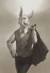  2015 anthro biped bottomwear buckteeth clothed clothing digital_media_(artwork) dress_shirt eyebrows fingers front_view fully_clothed grey_background greyscale holding_clothing holding_object lagomorph leporid looking_at_viewer male mammal monochrome open_mouth pants portrait rabbit shirt simple_background solo standing suit teeth three-quarter_portrait topwear vest virgil_(limemas) whiteleonard 