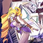  1girl absurdres blonde_hair blue_eyes borrowed_character breasts drill_hair english_commentary glowing glowing_eyes happy_birthday highres lana_branford large_breasts leaning_forward mecha motion_lines open_mouth original pilot_suit purple_eyes strictly_mecha super_robot twintails uneven_twintails v-fin 