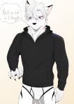  anthro black_clothing black_hoodie black_topwear briefs bulge canid canine canis clothing drawyourfursona fur hi_res hoodie male mammal meme meme_clothing purple_eyes shirual solo speech_bubble standing tighty_whities topwear underwear white_body white_clothing white_fur white_underwear wolf 