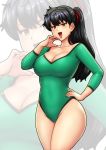  1girl black_eyes black_hair breasts cleavage curvy erkaz green_leotard hand_on_hip hand_on_own_face highres hip_focus kunou_kodachi large_breasts leotard long_hair no_legwear ojou-sama_pose open_mouth ponytail ranma_1/2 red_lips smile smug thighs tied_hair white_background zoom_layer 