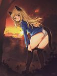  1girl :o animal_ears ass black_tail blonde_hair blush brown_eyes cat_ears cat_tail glasses glasses_day highres hirosegawa_narumi leaves_in_wind long_hair looking_at_viewer panties pantyhose pantyhose_pull perrine_h_clostermann solo strike_witches tail thighs underwear white_panties world_witches_series 