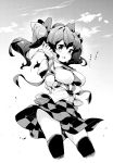  1girl arm_ribbon arm_under_breasts black_legwear blush breasts cellphone checkered checkered_skirt cloud commentary_request covered_nipples cowboy_shot cropped_legs flip_phone greyscale hair_ribbon hand_up highres himekaidou_hatate holding holding_phone large_breasts long_hair midriff_peek monochrome open_mouth phone ribbon shirt short_sleeves skirt solo tanasuke thighhighs touhou translated twintails white_shirt wind wind_lift 
