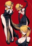  1girl alternate_hair_length alternate_hairstyle ass bare_shoulders black_dress blonde_hair blush breasts china_dress chinese_clothes cleavage collarbone cynthia_(pokemon) dress elbow_gloves from_behind gloves hair_ornament hair_over_one_eye high_heels highres large_breasts leaning_forward looking_at_viewer multiple_views pokemon red_background seductive_smile shimure_(460) short_hair smile 