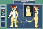  absurd_res arty(midnightmeowth) back_tattoo cheetah english_text felid feline front_view fur green_eyes hair hi_res male mammal midnightmeowth model_sheet red_hair side_view solo text yellow_body yellow_fur 