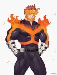  1boy abs absurdres ajproton bara beard belt blue_bodysuit blue_eyes bodysuit boku_no_hero_academia bulge chest covered_abs covered_navel facial_hair facial_scar feet_out_of_frame fire hand_on_hip highres looking_at_viewer male_focus manly muscle mustache red_hair scar short_hair solo spiked_hair thick_thighs thighs todoroki_enji torn_bodysuit torn_clothes white_background 