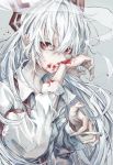  1girl arm_belt arms_up blood blood_on_face blood_splatter bloody_hands cigarette expressionless fujiwara_no_mokou grey_background hair_between_eyes hair_over_eyes hair_ribbon highres holding holding_cigarette long_hair long_sleeves looking_at_viewer red_eyes ribbon safutsuguon shirt silver_hair simple_background smoke smoking solo standing suspenders touhou unbuttoned_sleeves upper_body very_long_hair white_shirt wiping_face 
