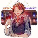  1boy ^_^ ^o^ ahoge black_vest buttons closed_eyes collared_shirt cup drink facing_viewer fang happy_birthday highres holding holding_cup holostars male_focus mebaru mole mole_under_eye neck_ribbon open_mouth orange_hair red_neckwear ribbon shirt short_hair sleeves_pushed_up smile solo upper_body vest virtual_youtuber white_shirt yukoku_roberu 