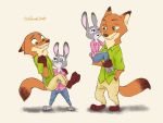  2020 4:3 anthro barefoot bottomwear canid canine carrying clothing disney duo female fox fur grey_body grey_fur hi_res judy_hopps lagomorph leporid male mammal nick_wilde nklove3104 pants rabbit red_fox shirt signature simple_background smile standing topwear zootopia 