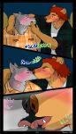  absurd_res anthro barakuma canid canine canis comic cute_fangs duo english_text food freckles french_kissing hair hi_res hot_dog kissing making_out male male/male mammal movie_theater piercing plaid red_hair romantic_couple smile text tongue ursid wolf 