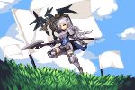  1girl armor bangs boots braid breastplate cloud day flag gloves grass greaves grey_hair holding holding_spear holding_weapon leg_up long_hair lowres outdoors pixel_art polearm ravness_loxaerion sky solo spear tactics_ogre thigh_boots thighhighs twin_braids warabin_(suteki_denpun) weapon white_flag 