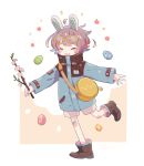  1other absurdres animal_ears bag bandaid bandaid_on_knee blue_coat blush boots branch brown_footwear brown_hair bunny_ears cherry_blossoms child closed_eyes coat easter_egg egg eyewear_on_head fang flower glasses high_collar highres holding holding_branch open_mouth original pink_flower running short_hair shorts shoulder_bag skin_fang smile solo sorata123 standing standing_on_one_leg two-tone_background white_shorts yellow-framed_eyewear 