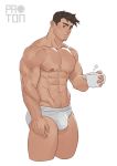  1boy abs ajproton bara briefs brown_hair bulge chest coffee_mug cropped_legs cup gyakuten_saiban highres itonokogiri_keisuke looking_at_viewer male_focus manly mug muscle navel nipples short_hair solo thick_thighs thighs underwear underwear_only white_background 