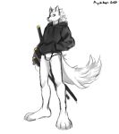  anthro black_clothing black_hoodie black_topwear briefs canid canine canis clothing drawyourfursona hoodie male mammal melee_weapon meme meme_clothing miyukiaya solo standing sword topwear underwear weapon white_clothing white_underwear wolf 