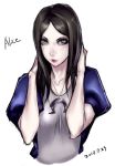  1girl alice:_madness_returns alice_(wonderland) american_mcgee&#039;s_alice apron black_hair closed_mouth dress green_eyes jewelry jupiter_symbol lipstick long_hair looking_at_viewer makeup necklace sawao simple_background solo white_background 