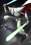  1boy alien billowing_cape cape dual_wielding energy_sword english_commentary general_grievous highres holding holding_sword holding_weapon hunched_over jeetdoh lightsaber looking_up no_humans solo star_wars star_wars:_clone_wars sword weapon yellow_eyes 