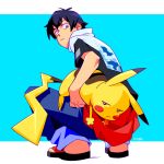  1boy black_hair blue_background blue_eyes carrying_under_arm closed_mouth english_commentary gen_1_pokemon gotcha! gotcha!_boy_(pokemon) high_collar highres ishmaiah_dado looking_at_viewer looking_back male_focus pikachu pokemon pokemon_(creature) sandals short_sleeves simple_background squatting 