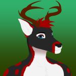  1:1 2020 anthro antlers black_body black_fur cervid digital_media_(artwork) fur hair horn looking_at_viewer male mammal prismanoodle_(artist) red_body red_fur simple_background smile solo white_body white_fur 