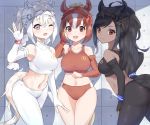  3girls akitsu_tombo animal_ears bare_shoulders black_gloves black_hair black_legwear black_sports_bra blue_eyes braid brown_eyes brown_gloves brown_hair brown_sports_bra brown_thoroughbred_(kemono_friends) buruma chestnut_thoroughbred_(kemono_friends) collarbone commentary_request cowboy_shot dark_skin elbow_gloves eyebrows_visible_through_hair fingerless_gloves gloves headgear highres horse_ears horse_girl horse_tail kemono_friends leggings midriff_peek multiple_girls one_eye_closed ponytail short_hair sleeveless sports_bra sportswear tail white_gloves white_hair white_legwear white_sports_bra white_thoroughbred_(kemono_friends) wristband 