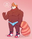  2020 absurd_res ailurid anthro bariumfox belly bulge clothing english_text eyewear glasses hi_res male mammal moobs nipples overweight overweight_anthro overweight_male red_panda simple_background solo text underwear 