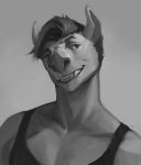  2015 anthro bust_portrait chiropteran clothed clothing digital_media_(artwork) eyebrows fangs grey_background greyscale grin hair hi_res male mammal monochrome portrait shirt short_hair simple_background smile solo tank_top teeth topwear whiteleonard 