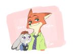  2016 anthro canid canine clothed clothing disney duo fox hand_on_head judy_hopps lagomorph leporid mammal necktie nick_wilde rabbit red_fox shirt signature simple_background smile topwear zootopia 