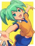  1boy :d bangs blue_legwear border commentary_request fei_rune green_eyes green_hair happy highres inazuma_eleven_(series) inazuma_eleven_go inazuma_eleven_go_chrono_stone looking_at_viewer male_focus open_mouth orange_shirt outside_border outstretched_arms raimon raimon_soccer_uniform sayshownen shirt shoes short_hair short_sleeves smile soccer_uniform socks solo sportswear two_side_up white_border white_footwear yellow_background 