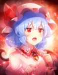  60mai bat_wings blue_hair bow brooch dress eyebrows_visible_through_hair fangs frilled_shirt frilled_shirt_collar frilled_sleeves frills hat hat_ribbon jewelry mob_cap open_mouth pink_dress puffy_short_sleeves puffy_sleeves red_background red_bow red_eyes red_ribbon remilia_scarlet ribbon shirt short_hair short_sleeves touhou wings wrist_cuffs 