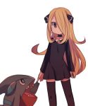  1girl :| aoki_shizumi black_dress blonde_hair child closed_mouth collar cynthia_(pokemon) dress gen_4_pokemon gible hair_ornament long_hair pokemon pokemon_(creature) pokemon_(game) pokemon_dppt simple_background thighhighs white_background younger 