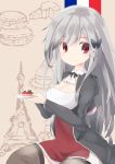  1girl azur_lane black_jacket breasts brown_legwear butterfly_hair_ornament cheese cleavage dunkerque_(azur_lane) eiffel_tower food french_flag grey_hair hair_ornament highres holding holding_plate jacket large_breasts looking_to_the_side macaron peko_pekon plate red_eyes simple_background skirt solo thighhighs white_skirt 