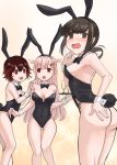  3girls animal_ears ass bare_legs black_eyes black_hair black_leotard black_neckwear black_ribbon blonde_hair bobokuboboku bow bowtie breasts brown_hair bunny_ears bunny_tail champagne_flute cleavage cowboy_shot cup detached_collar drinking_glass embarrassed fubuki_(kantai_collection) gradient_hair hair_flaps hair_ornament hair_ribbon hairclip highres kantai_collection leotard long_hair low_ponytail medium_breasts multicolored_hair multiple_girls mutsuki_(kantai_collection) open_mouth playboy_bunny ponytail red_eyes red_hair remodel_(kantai_collection) ribbon short_hair short_ponytail sidelocks standing strapless strapless_leotard tail thong_leotard tray wrist_cuffs yuudachi_(kantai_collection) 