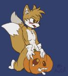  2_tails absurd_res ahegao anthro awful_lad blush bodily_fluids canid canine cum cum_in_pumpkin cum_overflow duo food fox fruit fur genital_fluids hi_res looking_pleasured male mammal miles_prower multi_tail orange_body orange_fur penetration plant pumpkin smile sonic_the_hedgehog_(series) 