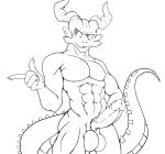  2020 5_fingers abs anthro balls balter_(petruz) black_and_white claws connivingrat dragon erection fingers front_view genitals hand_on_hip hi_res horn humanoid_genitalia humanoid_penis line_art looking_aside male monochrome muscular muscular_anthro muscular_male nude penis simple_background solo standing vein veiny_penis white_background 