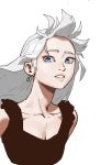  1girl absurdres blue_eyes breasts bright_pupils cleavage collarbone copyright_request earrings floating_hair forehead gogalking grey_hair highres jewelry long_hair looking_at_viewer medium_breasts parted_lips simple_background solo upper_body white_background white_hair white_pupils 