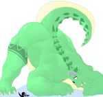  5_fingers 5_toes ass_up belly brown_eyes claws crocodilian fingers grandall_(artist) grandall_(character) green_body green_scales grey_body grey_scales hi_res looking_back male nude raised_tail reptile scales scalie scar spread_legs spreading tattoo toes yellow_belly 