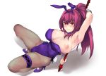  1girl animal_ears arm_behind_back arm_up armpits bangs breasts bunny_ears bunny_tail detached_collar fake_animal_ears fate/grand_order fate_(series) fishnet_legwear fishnets gae_bolg hair_between_eyes high_heels highleg highleg_leotard large_breasts leaning_back leotard leotard_pull long_hair looking_at_viewer nipples one_breast_out pantyhose piercing_bunny playboy_bunny polearm ponytail purple_hair purple_leotard red_eyes scathach_(fate)_(all) scathach_(fate/grand_order) simple_background smile soba_(saz) spear tail thighs weapon white_background wrist_cuffs 