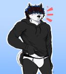  anthro black_clothing black_hoodie black_topwear briefs canid canine canis clothing domestic_dog drawyourfursona hi_res hoodie husky male mammal meme meme_clothing nordic_sled_dog seiikihusky solo spitz standing topwear underwear white_clothing white_underwear 