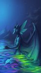  2020 5_fingers 9:16 anthro blue_body blue_eyes blue_scales claws detailed_background digital_media_(artwork) dragon fingers hi_res horn male membrane_(anatomy) membranous_wings neotheta night outside partially_submerged scales scalie sky smile spines star starry_sky water western_dragon wings 