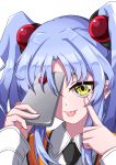  1girl akanbe close-up highres holding holding_phone hoshino_ruri kidou_senkan_nadesico looking_at_viewer necktie one_eye_covered phone ru-ha silver_hair solo tongue tongue_out twintails yellow_eyes 