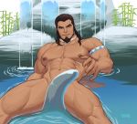  1boy abs absurdres avatar_(series) bara bare_chest beard blue_eyes brown_hair chest covering covering_crotch facial_hair feet_out_of_frame highres leg_hair looking_at_viewer male_focus manly muscle navel nipples nude short_hair solo the_legend_of_korra thick_thighs thighs tonraq water wet whyhelbram 