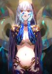  1girl armor bangs bikini_armor breasts cleavage fate/grand_order fate_(series) hair_ribbon hands_on_own_cheeks hands_on_own_face highres kama_(fate/grand_order) kdm_(ke_dama) long_hair navel parted_lips purple_hair red_eyes revealing_clothes ribbon solo teeth 