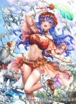  1girl beach bikini blue_eyes blue_hair blue_sky cloud company_name copyright_name fire_emblem fire_emblem:_the_binding_blade fire_emblem_cipher fire_emblem_heroes horse lilina_(fire_emblem) long_hair official_art open_mouth palm_tree senchat sky solo swimsuit tree water 